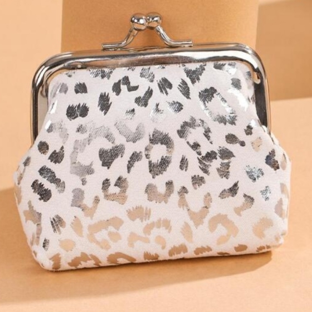 Leopard Silver Pattern Coin Purse Polyester Kiss Lock Fashionable 3.5 x 3